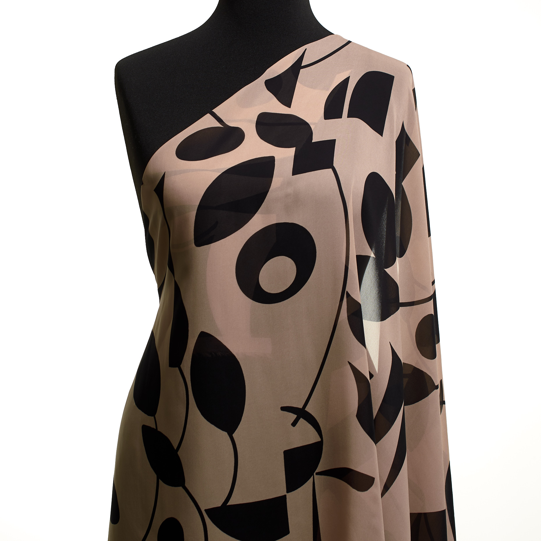 Chiffon, Viscose, Printed, Peach Whip&Jet Black