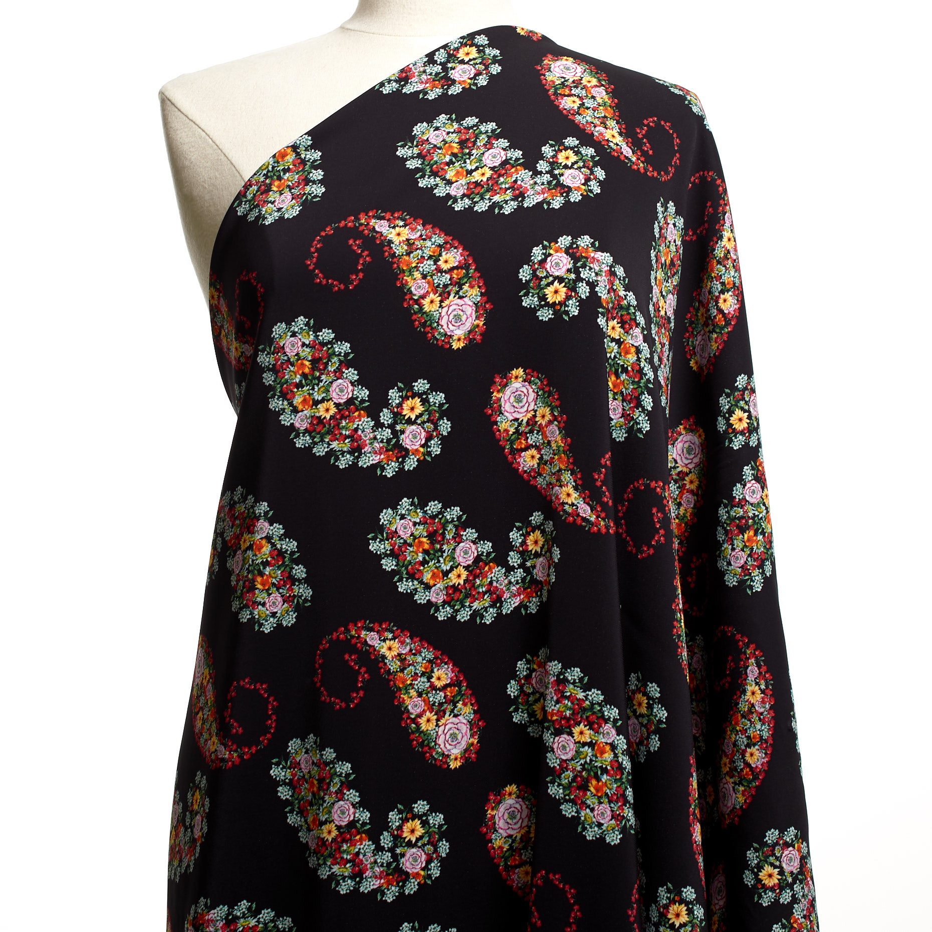 Viskose, Elastik, Floral, Poppy Red&Raven Black