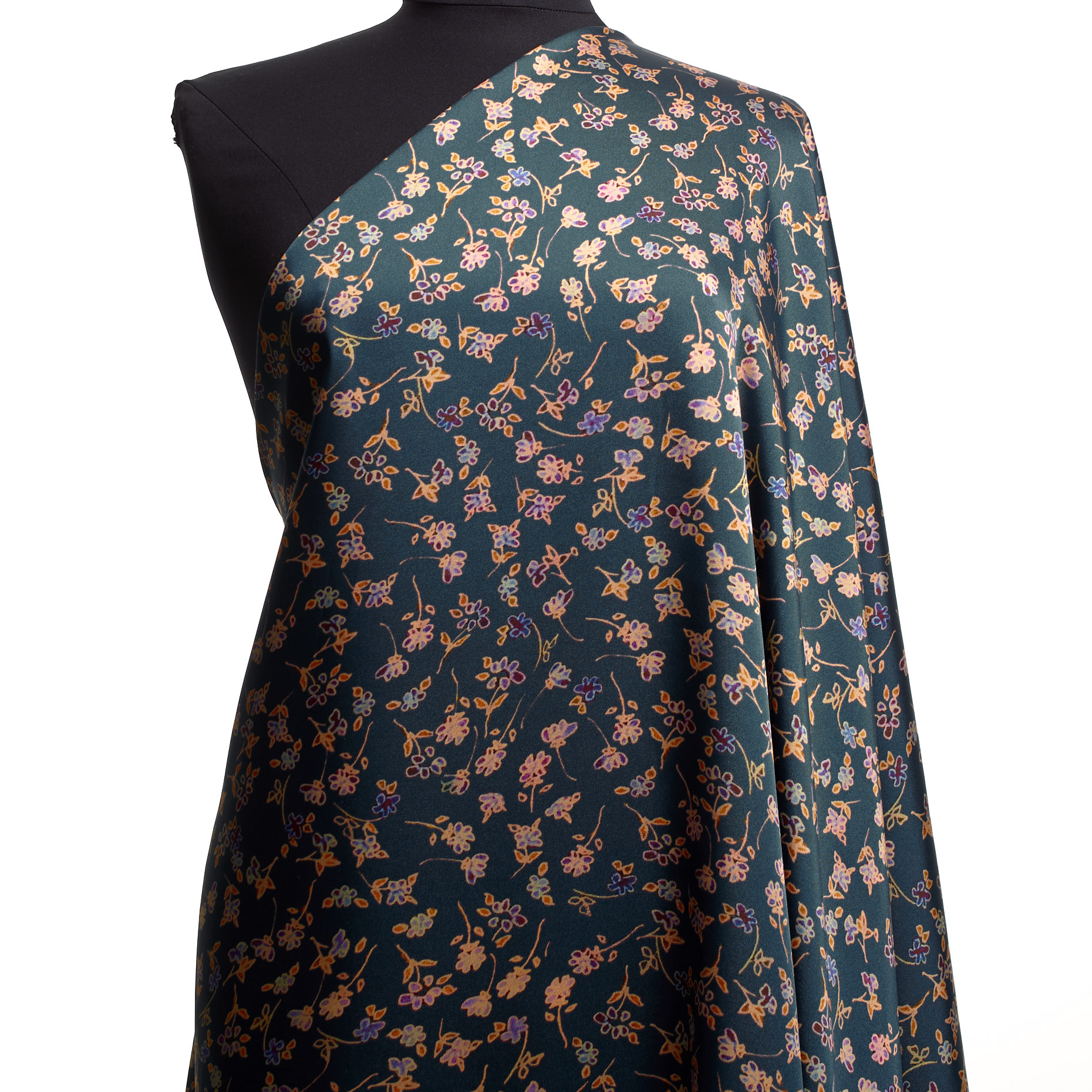 SATIN, PRINTED, FLORAL, SAXONY BLUE