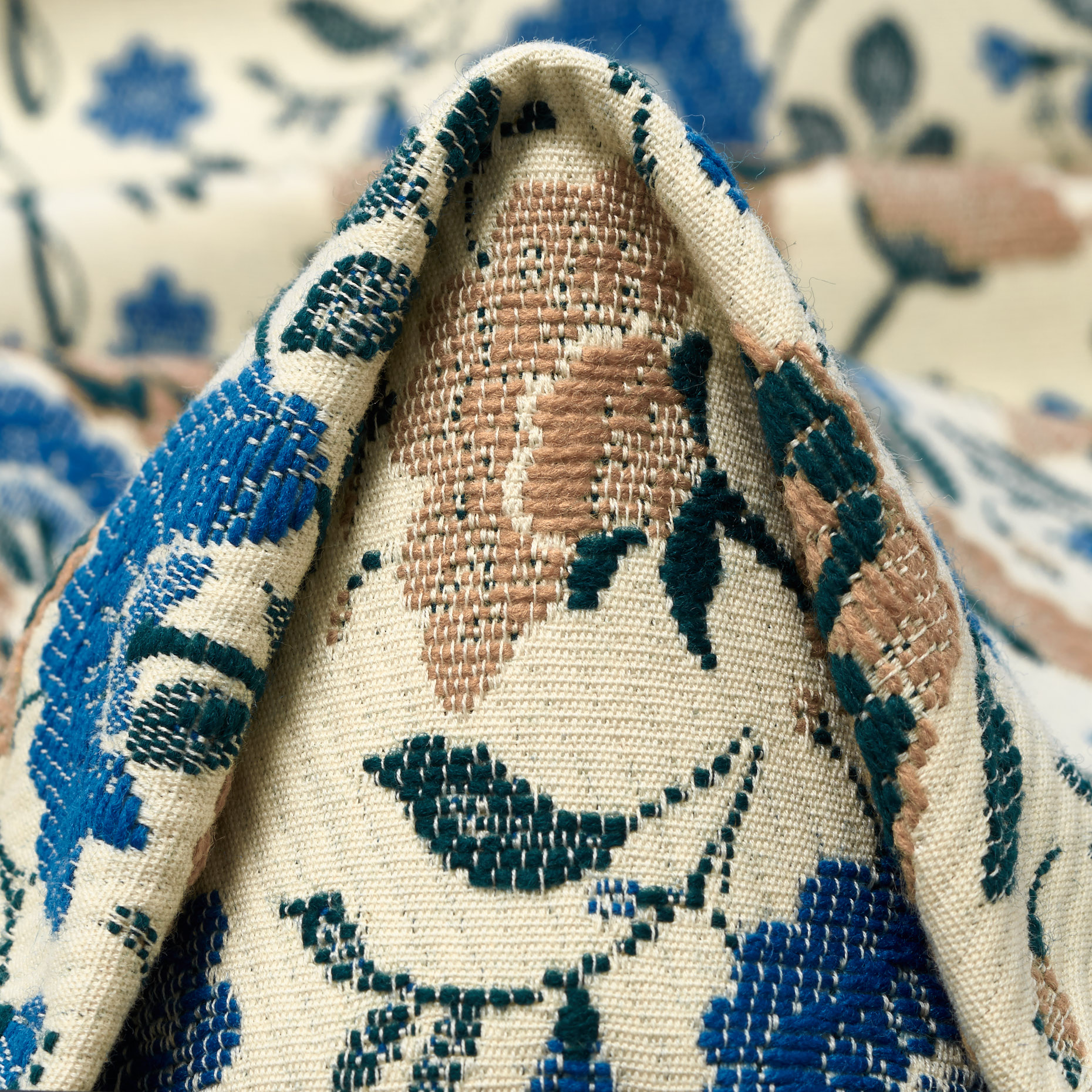Jacquard, Misto Cotone, Floreale, Antique White&Mediterranean Blue (P000003450)