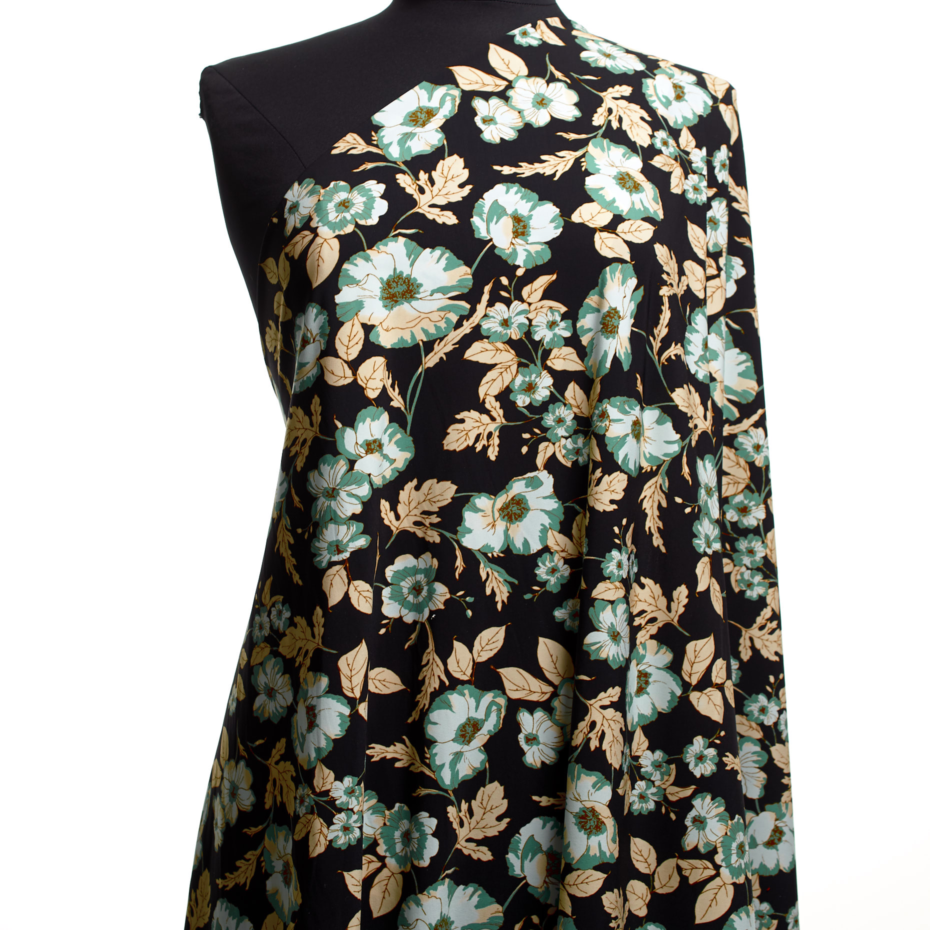TECHNO JERSEY, FLORAL, HIGH ELASTICITY, TURQUOISE&RAVEN BLACK
