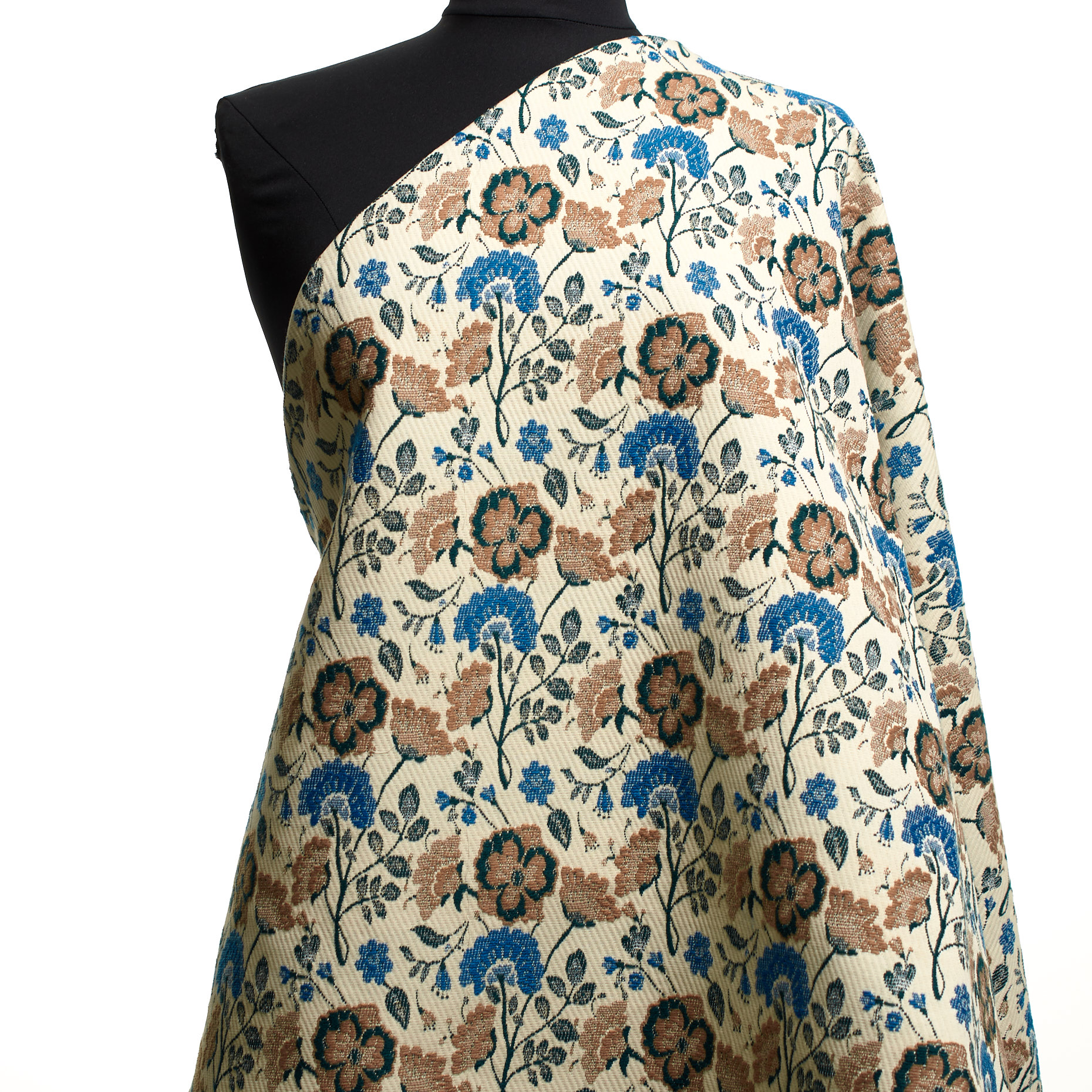 Jacquard, Cotton Blend, Floral, Antique White&Mediterranean Blue